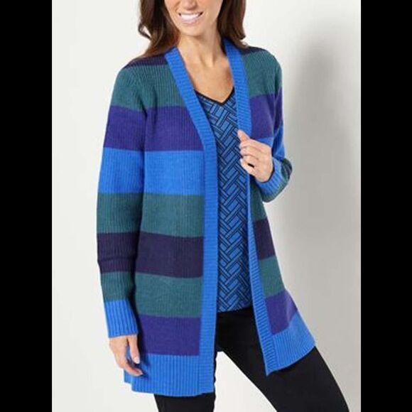 Susan Graver Tops - Susan Graver Striped Open Front Sweater Cardigan Blue/Green - Regular